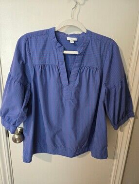 J. Jill Purple-Blue Stripe Split-Neck Puff Sleeve Blouse